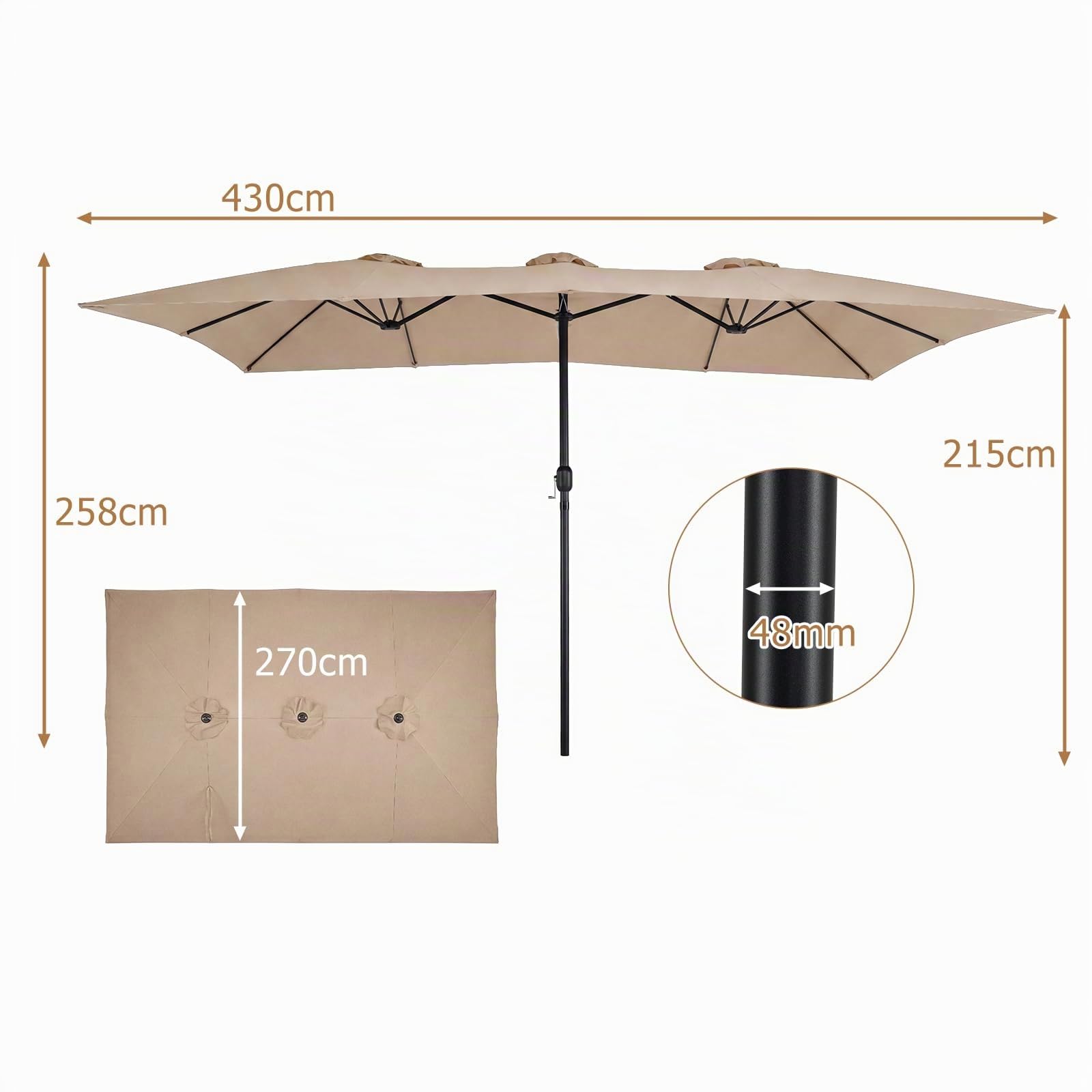 RELAX4LIFE Parasol Double Rectangulaire 4,2X2,6 M, Grand Parasol de Jardin Extérieur pour Terrasse/Piscine/Balcon, 12 Baleines, Structure Métallique, Protection Solaire, Montage Facile