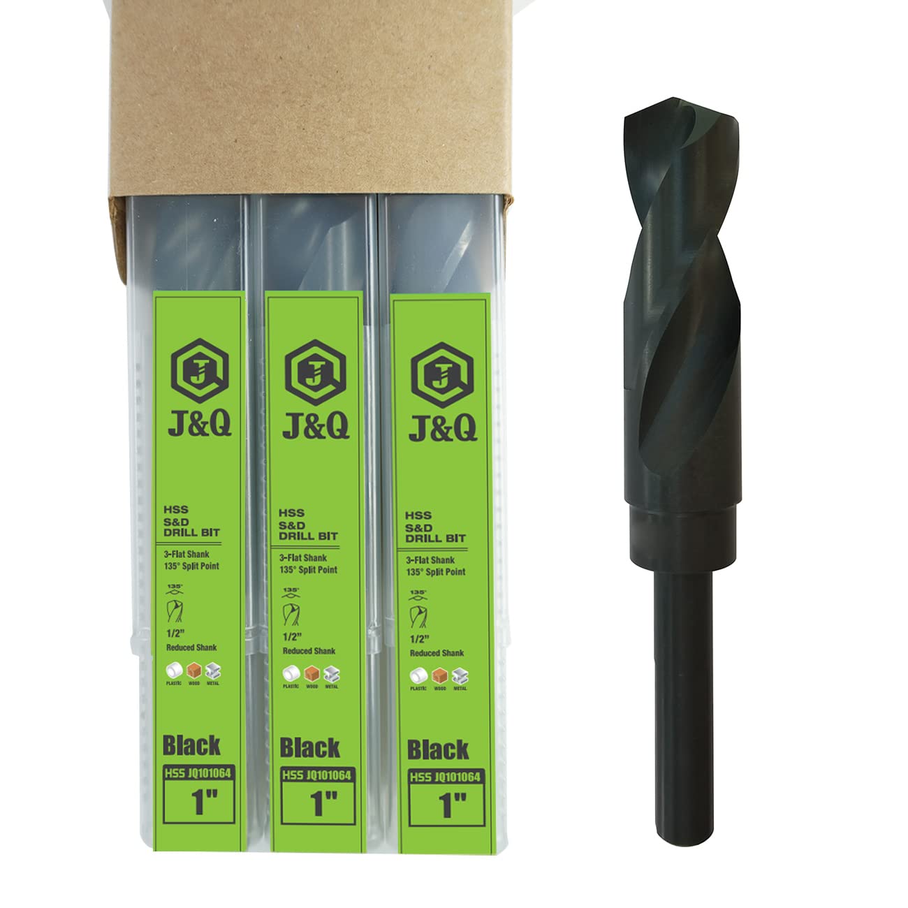 J&Q 1" Silver and Deming Drill Bit, 3 PCS HSS Reduced Shank Drill Bits, 3-Flat 1/2ââ‚¬Â Shank, Black Oxide Finish Large Drill Bits for Steel, Copper, Aluminum, 135 Degrees Split Point