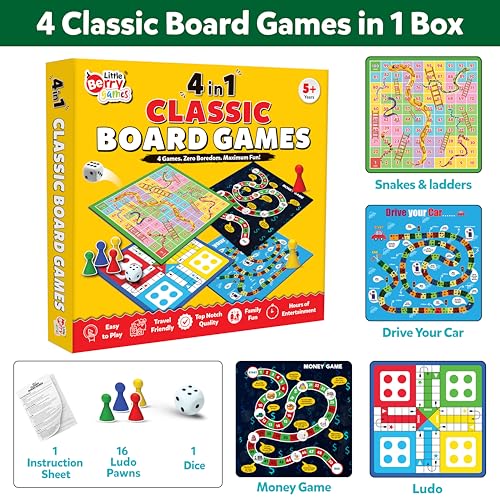 Image of 4 in 1 Classic Board Games Set for Kids & Family | Includes Ludo, Snakes & Ladders, Drive Your Car & Money Game | Indoor Fun Game Kit, Easy to Play, Travel Friendly Gift for 5+ Years