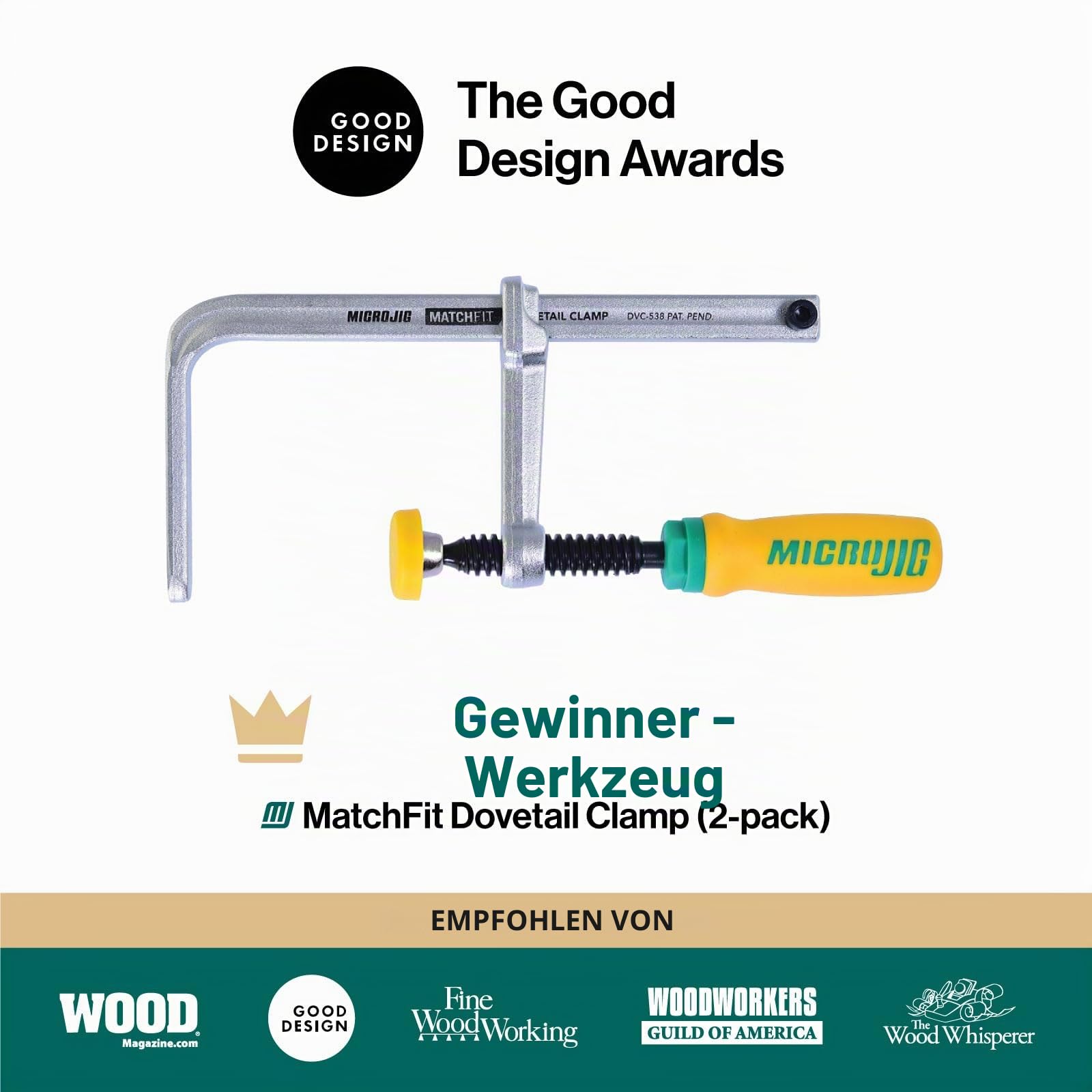 MicroJig MatchFit Dovetail Clamps – Zwingen für 14° Schwalbenschwanz-Nuten | Spannweite 130 mm, 269 kg Spannkraft, Werkbank-Zubehör