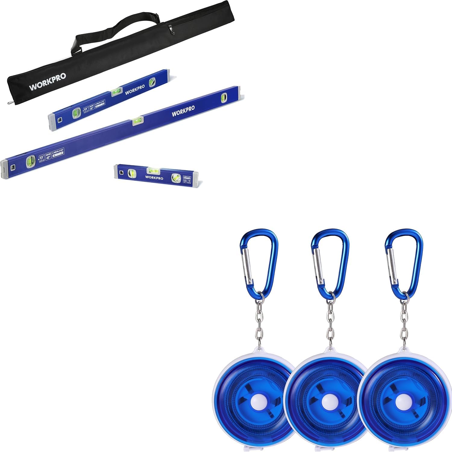 WORKPRO 3-Piece Spirit Level Set (12", 20", 40") and WORKPRO 3-Pack Measuring Tape for Body