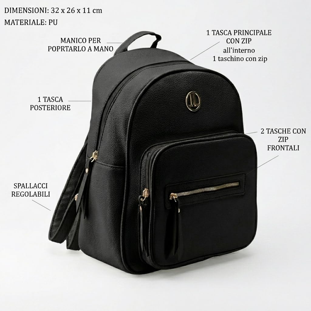 LANCETTI Borsa Donna in PU, Borsetta Zaino con Chiusura a Zip, Elegante