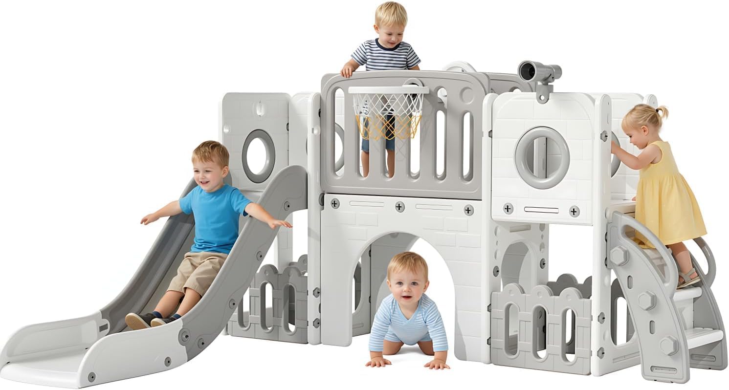 Arlopu 9 in 1 Toddler Slide Set, Kids Large Climber Slide Playset w/Long Slope, Telescope, Storage Space, Enclosed Steps, Indoor Outdoor Playground (Beige & Brown)