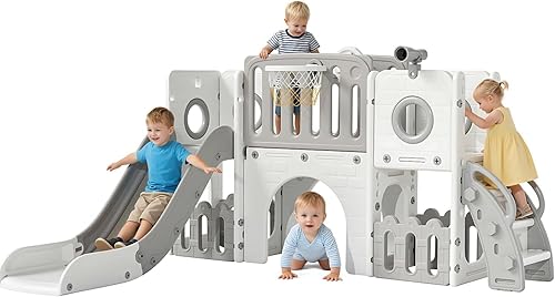 Arlopu Tobogán 9 en 1 para niños pequeños, juego para exteriores con pendiente larga, juego de escalador para bebés, telescopio, túnel, espacio de