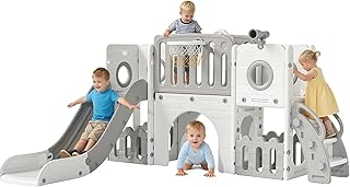Arlopu 9 in 1 Toddler Slide Set, Kids Large Climber Slide Playset w/Long Slope, Telescope, Storage Space, Enclosed Steps, Indoor Outdoor Playground (White & Gray)