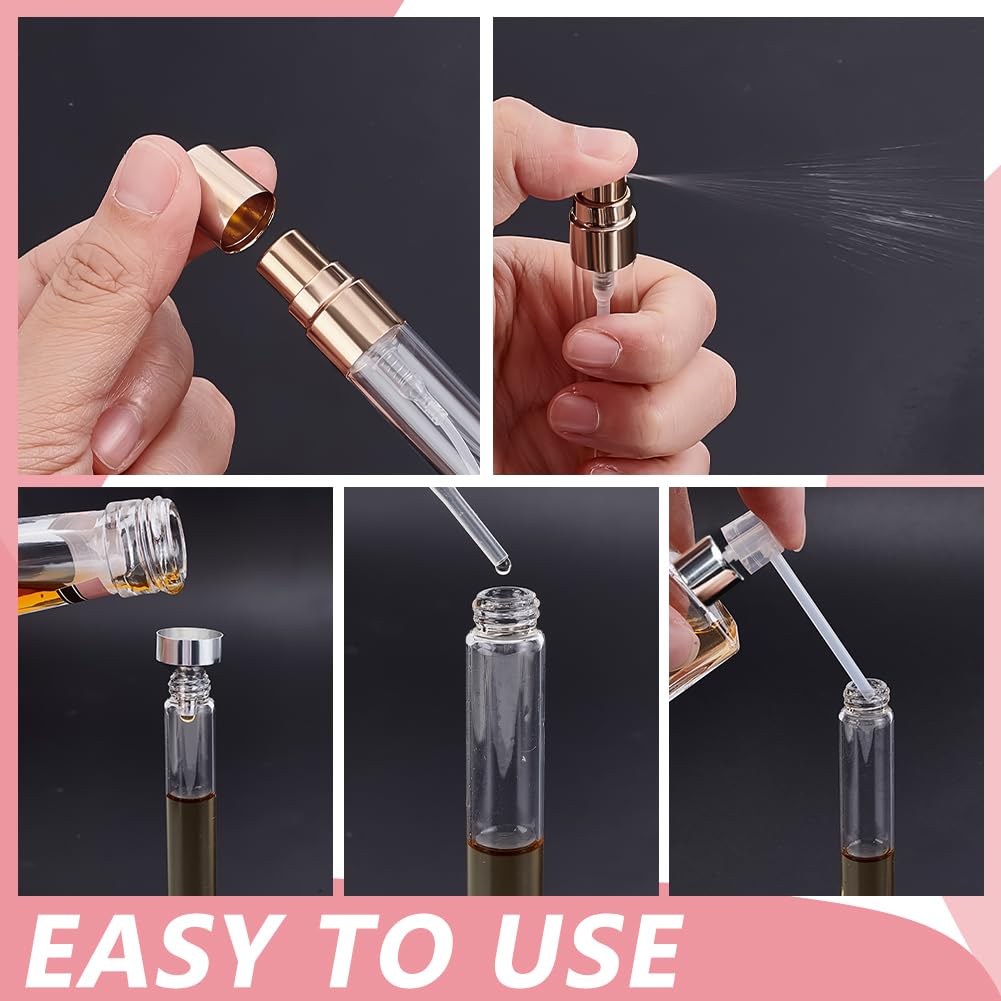 AHANDMAKER 75 mini flaconi spray da 10 ml, in vetro trasparente, ricaricabili, da viaggio, con imbuto, per oli essenziali, regalo (tappo dorato)