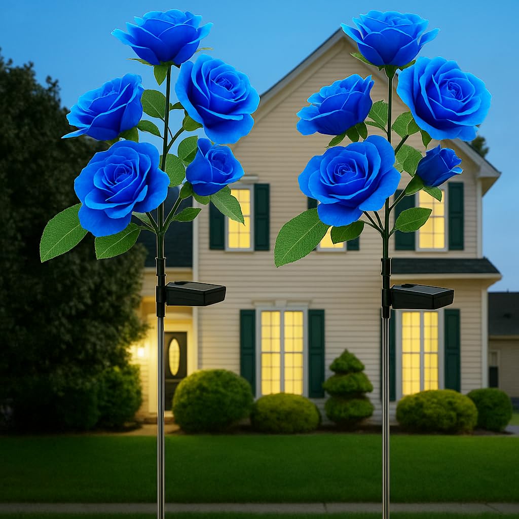 Solar Decorative Stake Rose Flower Lights for Yard Outdoor Porch Garden Memorial Cemetery Backyard Decor Flower Bed Decoration