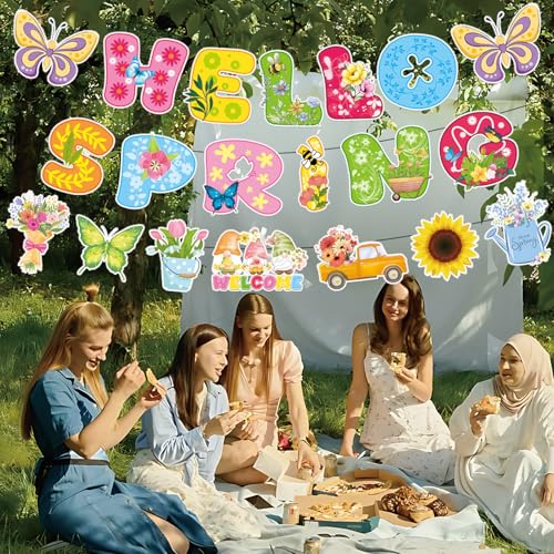 Image of 3Pcs Pre-Strung Hello Spring Banner for Classroom Office Spring Easter Hanging Decorations