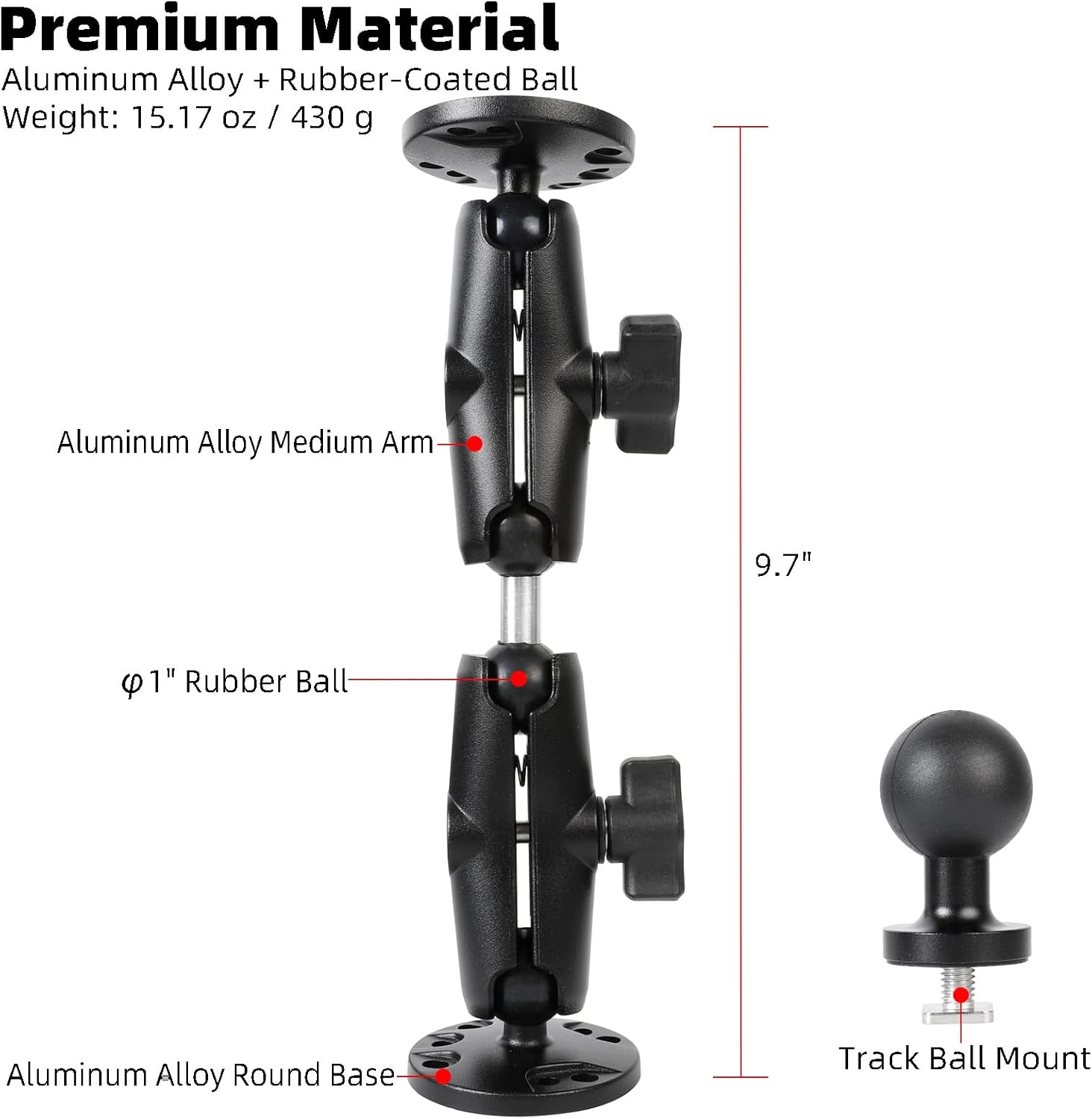 AMPS Round Plate Drill Base for Fish Finder, T-Bolt Track Mount with Aluminum Long Arm Extension for Garmin Striker 4 / Plus 4 / Vivid 4cv, Compatible with RAM Mounts/GPS Chartplotter Holder/Boat
