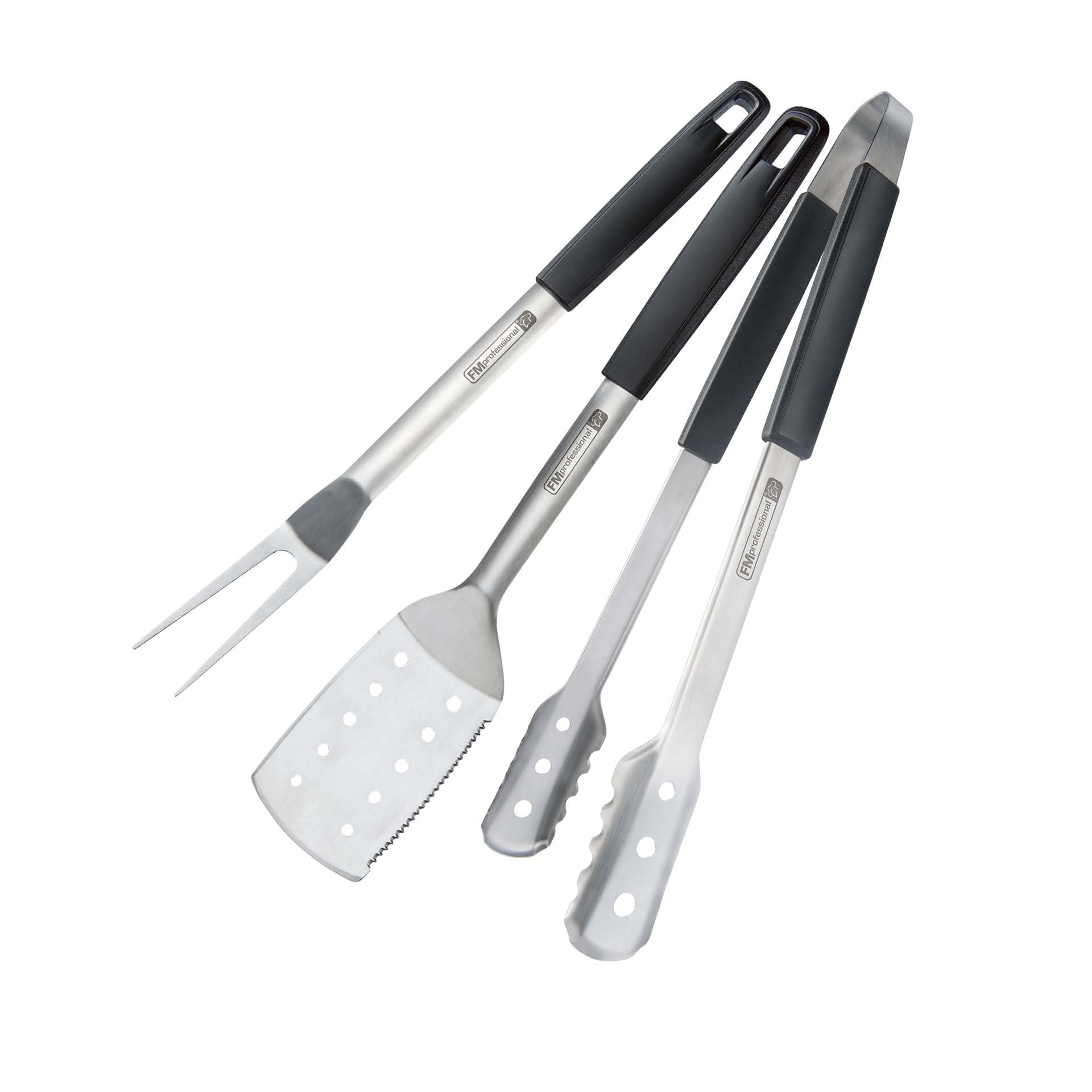 FMprofessional Set di utensili per barbecue e grigliate, forchettone, paletta forata e pinza multiuso forata, utensili per BBQ resistenti alle alte temperature, lavabili in lavastoviglie