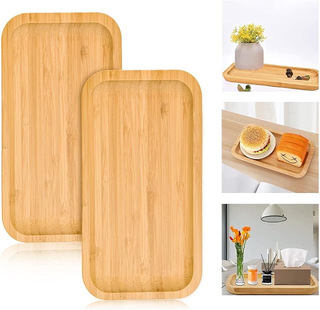 BUENTYA 2Pcs Bamboo Tray,Rectangle Wooden Trays Rectangle Bamboo Saucer Wood Serving Plate Solid Bamboo Tea Serving Tray Cup Coaster Flower Plant Succulent Tray for Coaster, Tea, Coffee, Cake, Snacks