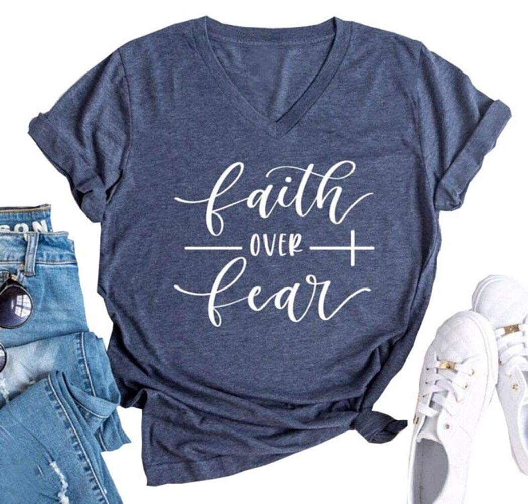SUTEFAYECOFaith Over Fear Shirt for Women Inspirational Graphic Tee Shirt Letters Printed Girls Casual T-Shirts Tops Tees
