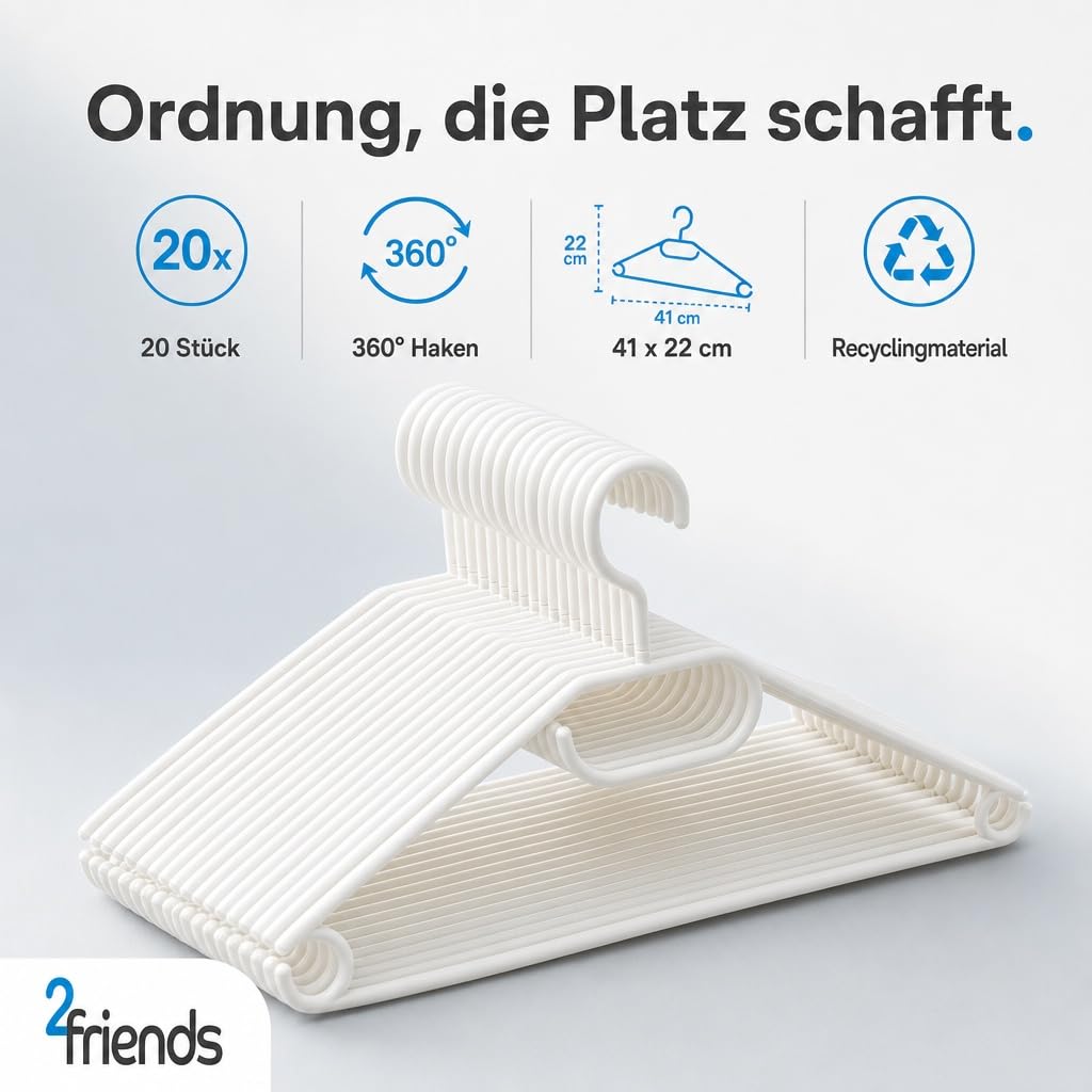 50 Kleiderbügel weiß Kunststoff mit drehbarem Haken – Platzsparend 8mm schmal, rutschfest mit Anti-Rutsch-Rillen, Hosenstange & Gürtelhalter, 41cm Made in EU aus 100% Recyclingmaterial