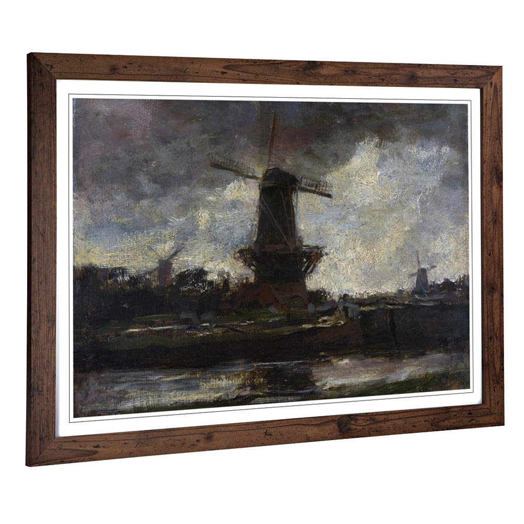 Big Box Art Framed Print of Jacob Maris Three Windmills 2 Design | Wall Art Picture | Home Decor for Kitchen, Living, Dining Room, Bedroom, Hallway, Office, Walnut, A2 / 24.5x18 Inch / 62x45cm