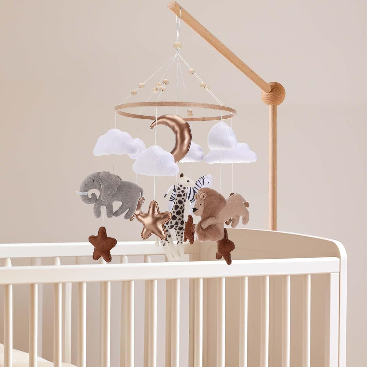 let's make ベッドメリー 木製モビール 0歳から 赤ちゃん 新生児 ベビー 出産準備 祝い 寝かしつけ用品 泣き止ませ（動物-ホワイト） - 3