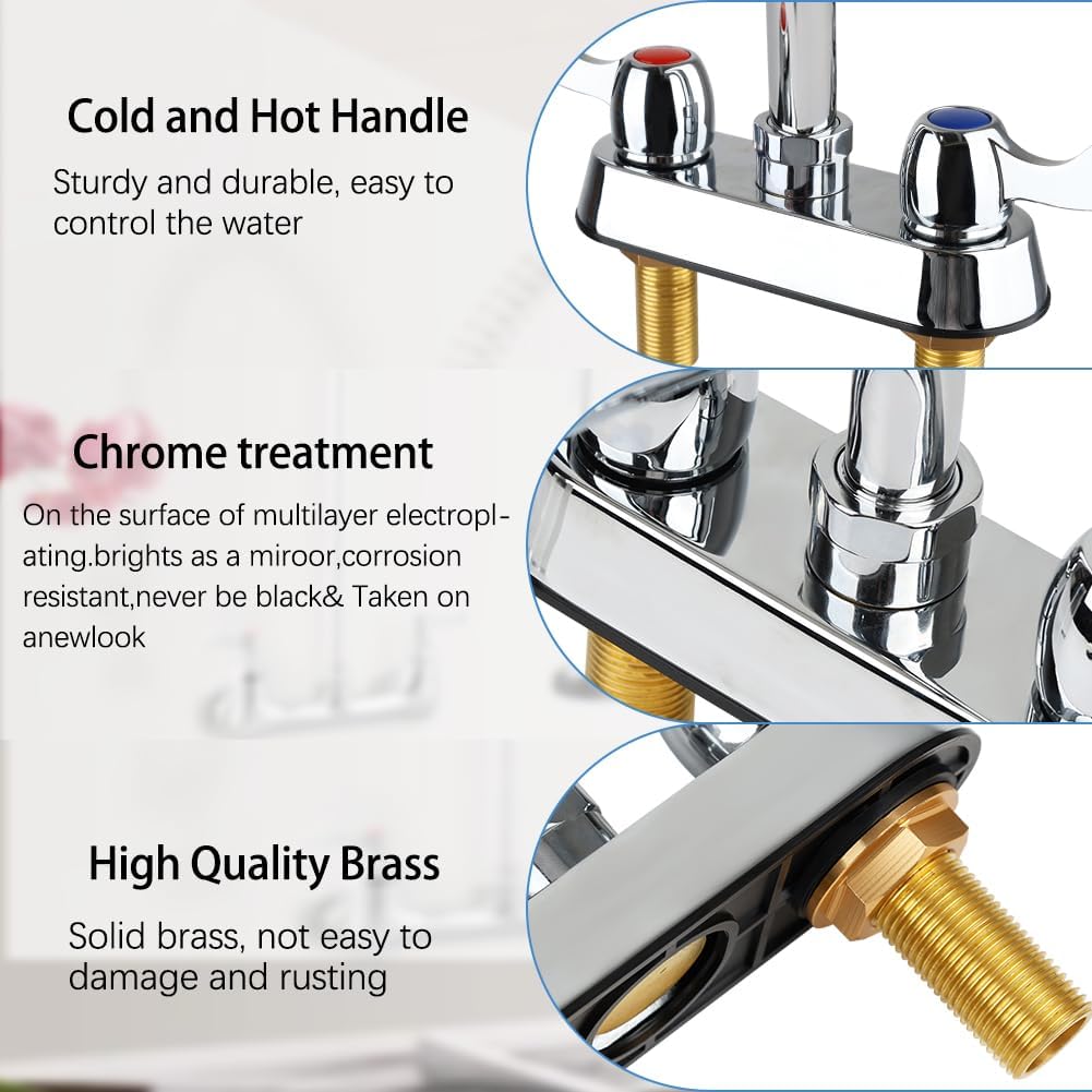4 Inch Commercial Bar Sink Faucet with 6" Gooseneck Spout, Dual Handle Deck Mount Utility Sink Faucet for Laundry, RV, Outdoor Sink, Brass Constructed - Image 3