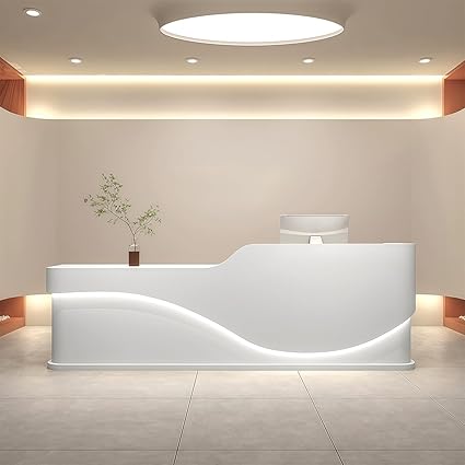 L-Shaped Reception Desk - Modern Reception Desk, Retail Counter and Checkout Desks with Storage Counter and Concealed LED Lighting. No Assembly Required, for Offices, Shopping Malls or Beauty Salons