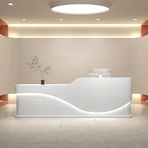 L-Shaped Reception Desk - Modern Reception Desk, Retail Counter and Checkout Desks with Storage Counter and Concealed LED Lighting. No Assembly Required, for Offices, Shopping Malls or Beauty Salons