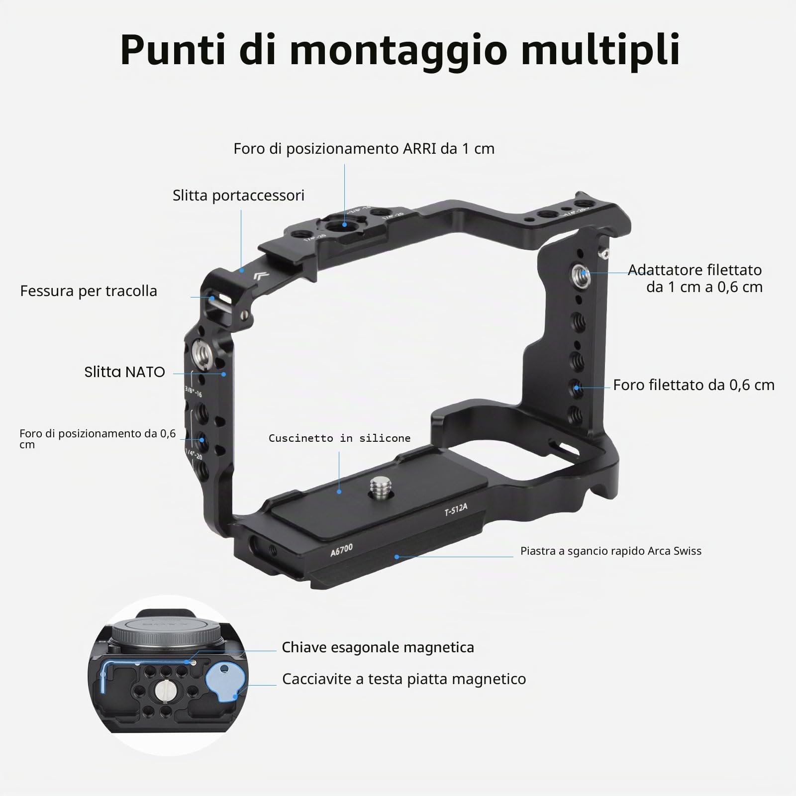 Nitze A6700 Cage, Gabbia per Sony Alpha 6700 Fotocamera con Morsetto per Incorporato Cold Shoe, NATO Rail e Piastra Sgancio Rapido Arca - T-S12A
