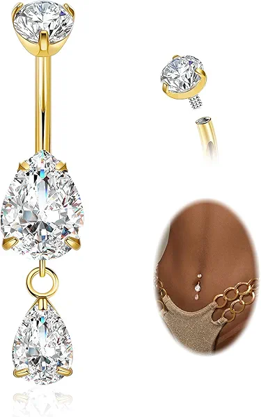 LOAYHOAY 14G G23 Pure Titanium Dangle Belly Button Ring for Women Dangling CZ Navel Ring Teardrop Curved Barbell Belly Rings Internally Threaded Belly Piercing Jewelry
