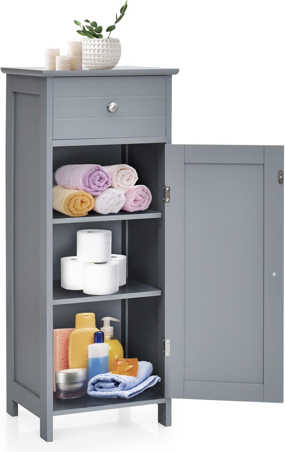 COSTWAY Gray Bathroom Storage Cabinet with Drawer, 3 Adjustable Shelves & Anti-Tipping - Floor Organizer for Bathroom, Living Room, Bedroom