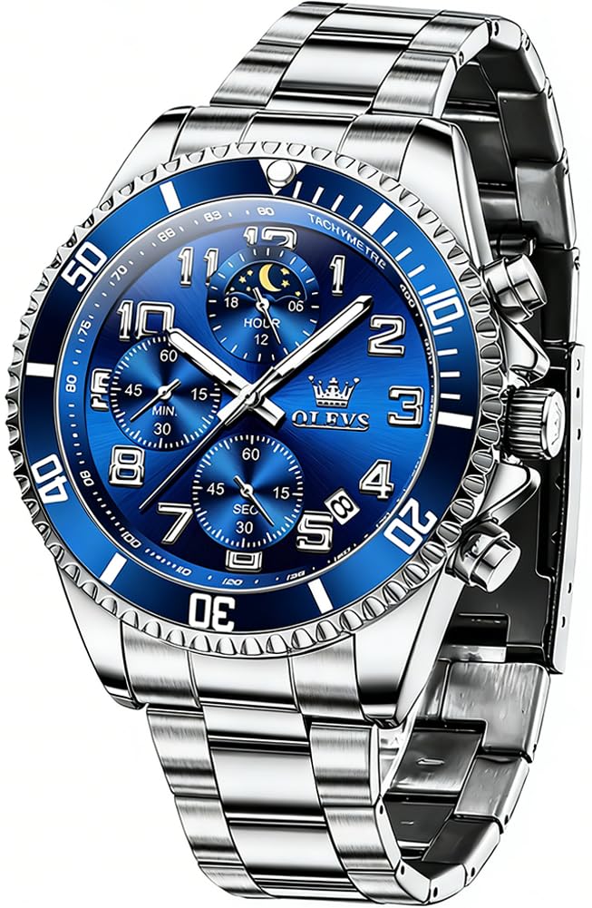 OLEVS Watches for Men Chronograph Luxury Dress Stainless Steel Waterproof Mens Watches Moon Phase Luminous Business Calendar Wrist Watch Blue/Black/Green/Gold/Face