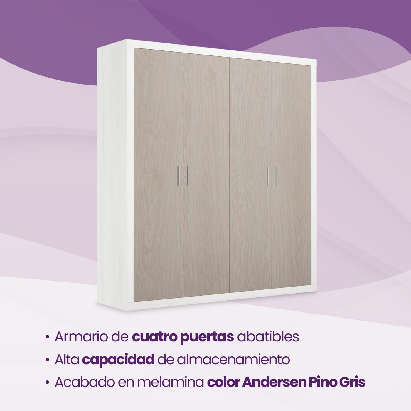 mattfy - Armario 4 Puertas Batientes con Altillo Modelo Victoria para Dormitorios de Matrimonio o Individuales, Color Andersen Pino - Gris, Medidas: 197 cm (Ancho) x 210 cm (Alto) x 48 cm (Fondo)