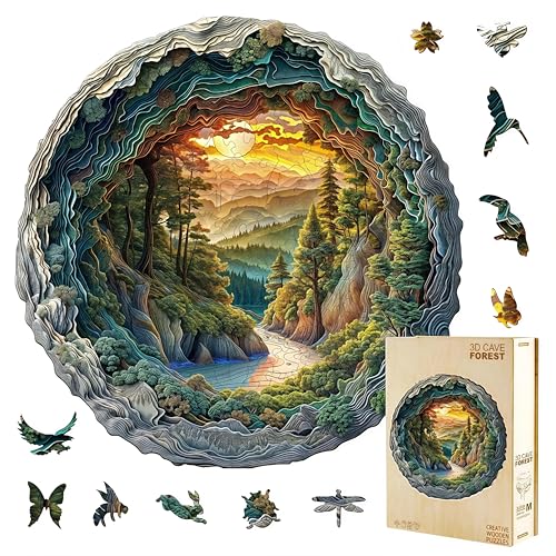 Jollitot Wooden Puzzles, 3D Cave Forest Puzzle 300 Pieces, Unique Animal Shaped Wood Challenging Jigsaw Puzzles Ideal for Adults, Premium Wood Gift...