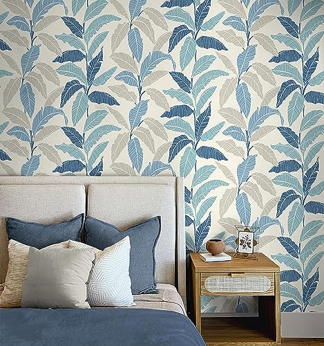 Image of Tommy Bahama - Leafy Peel and Stick Wallpaper, Botanical Wallpaper for Bedroom, Powder Room, Kitchen, Vinyl, 30.75 Sq Ft Coverage (Leafy Collection, Bliss Blue)