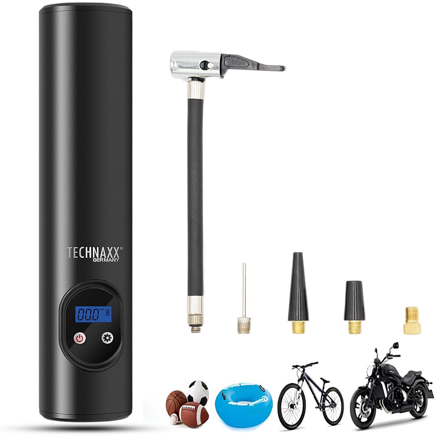 Technaxx Elektrische Luftpumpe Akku Kompressor Mini – Tragbarer Luftkompressor mit 6000 mAh Li-Ion Akku, 12V DC, für Auto, Fahrrad, Motorrad & Bälle, Arbeitsleuchte mit 6 LEDs – TX-157