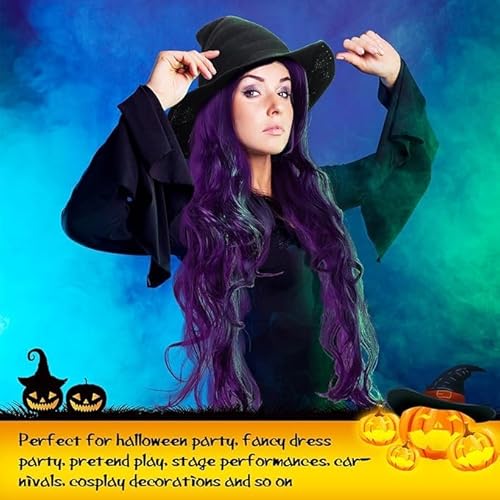 Porsmeer Halloween Witch Wig – Long Purple Wavy Hair Wig For Women, Girls – Black Witch Hat Included thumb #6