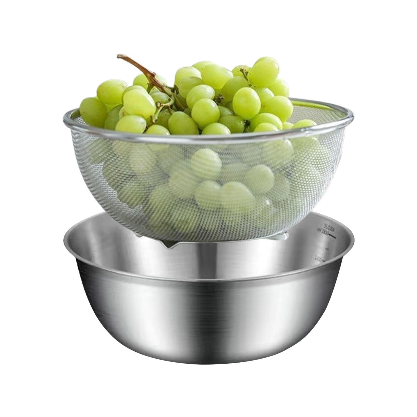 Stainless Steel Colander Set - Rice Washer Strainer with Mesh Drainer Basket, Durable Rust Resistant Kitchen Prep Tool, Deep Mixing Bowl Design, Fine Drain Holes Fast Water Filtering Performance | Pas