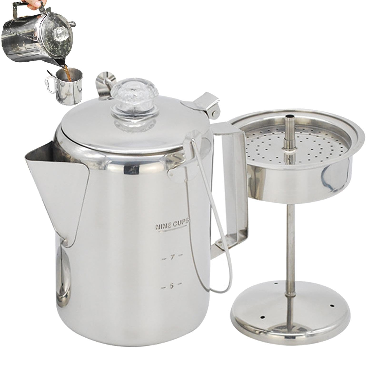 Cafetera con percolador,Cafetera con percolador | Cafetera de acero inoxidable - Percoladores para estufa de 9 tazas, percolador para acampar apto para grupos para acampar