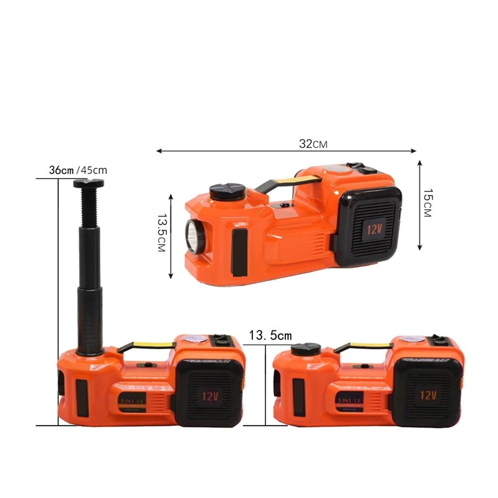 Podnośnik hydrauliczny, 12V 5Ton Elektryczny Samochodowy Hydrauliczny Podnośnik Z Pompką Do Pompowania Opon I Latarką LED 3 W 1 Podnośniki Bezpiecznymi Narzędziami Młotkowymi Samochodu(155-450mm)