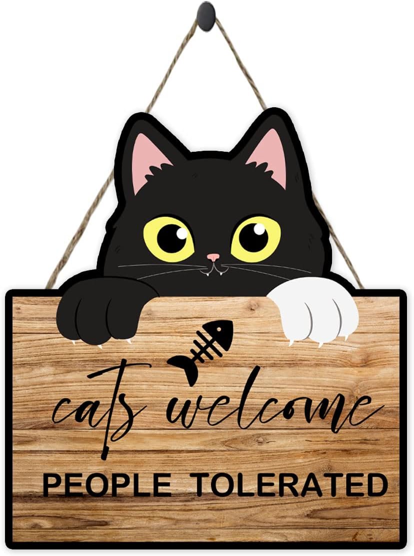 wuguimeii Funny Welcome Sign,Cats Welcome People Tolerated,Wooden Hanging Wall Sign,Decoration for Home Front Door,Gifts for Women Cat Lovers,Black Kitten,9.8x11 inches