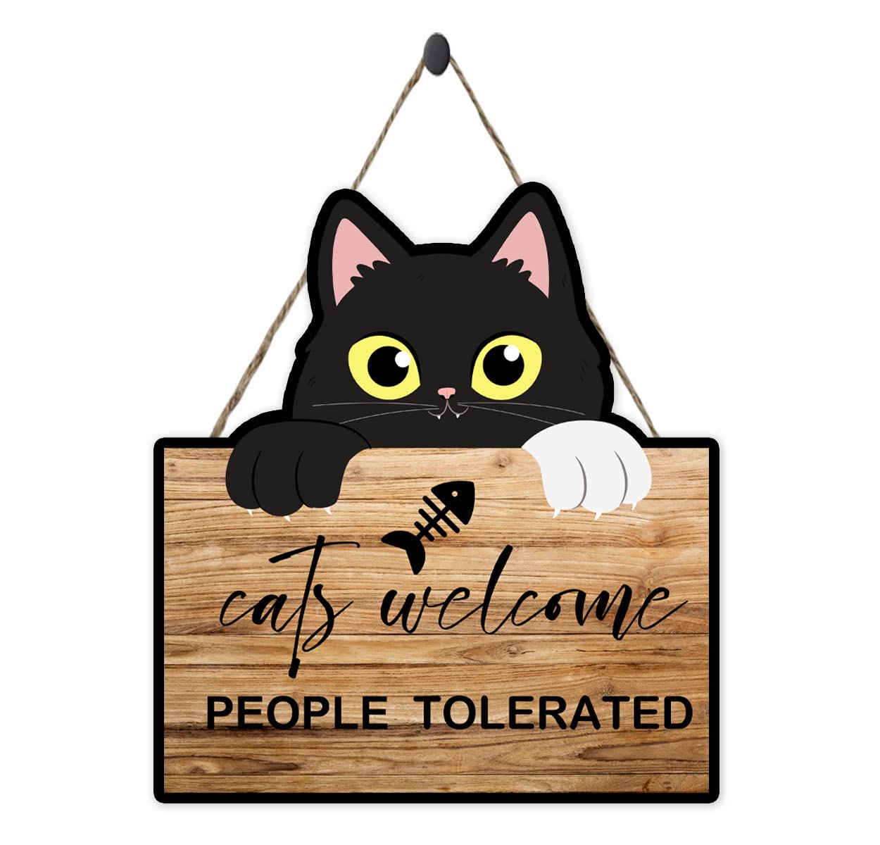 wuguimeii Funny Welcome Sign,Cats Welcome People Tolerated,Wooden Hanging Wall Sign,Decoration for Home Front Door,Gifts for Women Cat Lovers,Black Kitten,9.8x11 inches