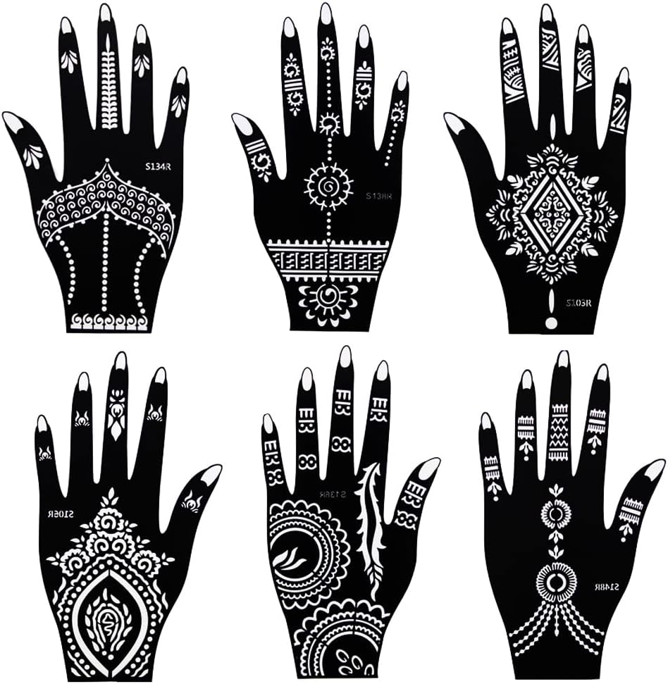 LEOARS Henna Tattoo Stencil Kit Temporary Tattoo Template Set , Indian Arabian Tattoo Stickers Mehndi Stencils for Hand Body Art, 6-Sheet