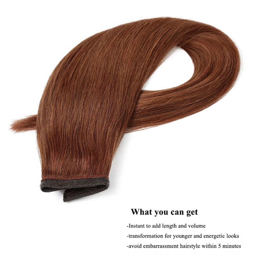 28inch Straight Human Hair Ponytail Extension #30 Light Auburn Color Wrap Around Magic Paste Ponytail Hairpiece for Women, Clip ins Ponytail Straight Hair 200g