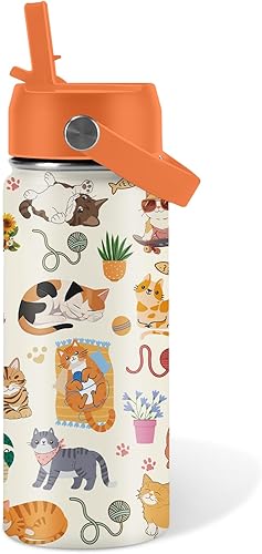 Miniatura 35 de Regalos de gatos para niños, botella de agua de 16 onzas con tapa con pajilla, botella aislada de acero inoxidable, a prueba de fugas, sin BPA, para