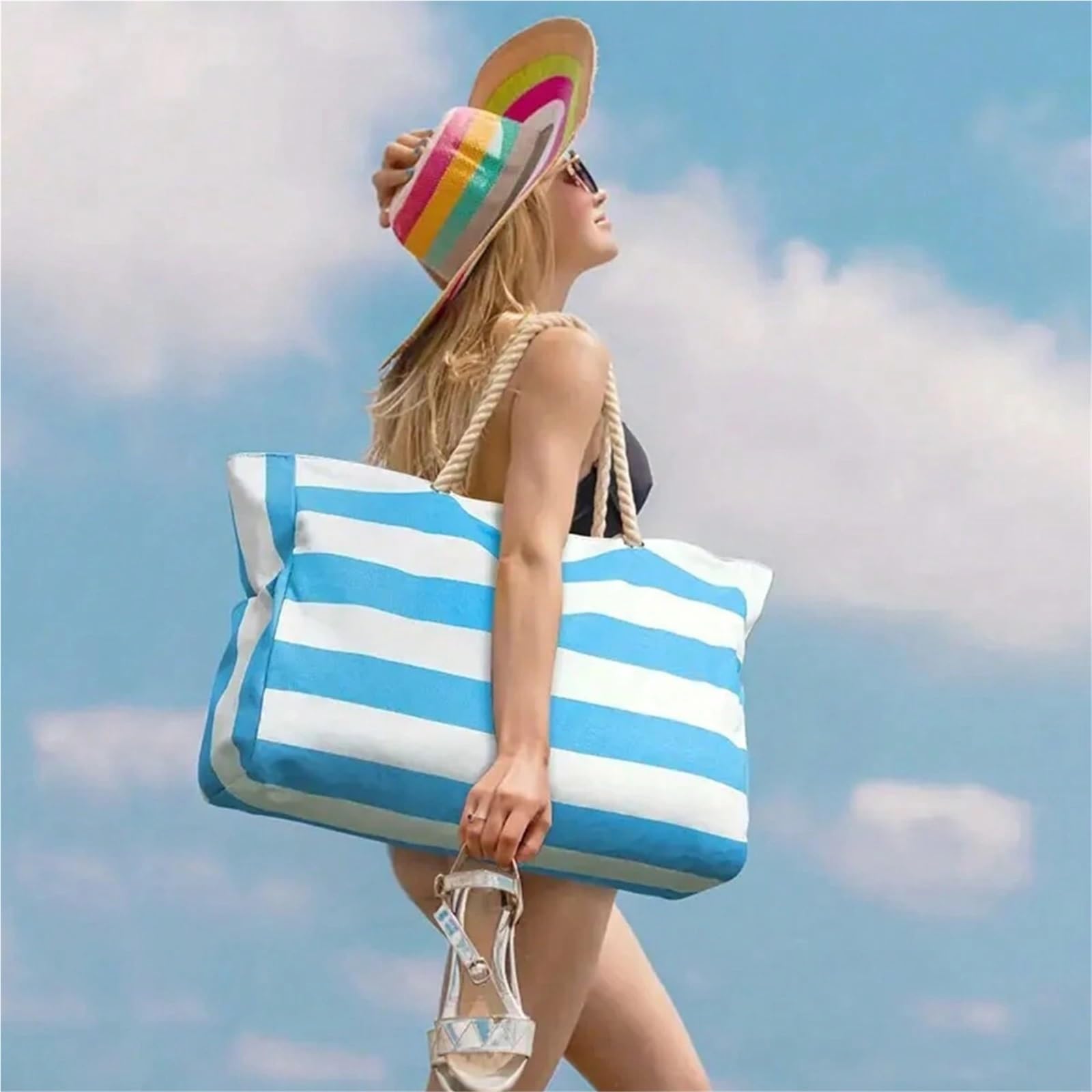 Bolsa De Playa Striped Canvas Summer Beach Bag, Large Capacity Shopping Bag Tote Bag For Travel,Ideal for Beach, Travel para Viajes A La Playa(Pink)