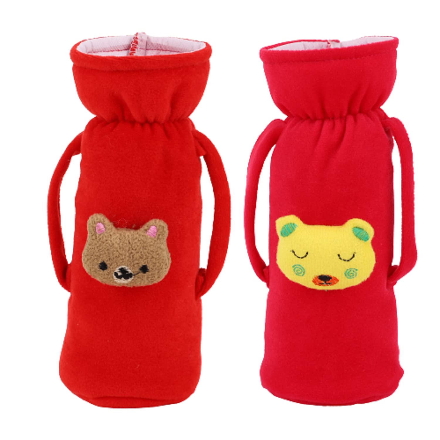 Soft Plush Stretchable Baby Feeding Handle Bottle Cover with Attractive Cartoon Design & Easy to Hold Strap for Newborn Babies, Suitable for 125-250 ML Bottle (Pack of 2, Red Rani)-image-2