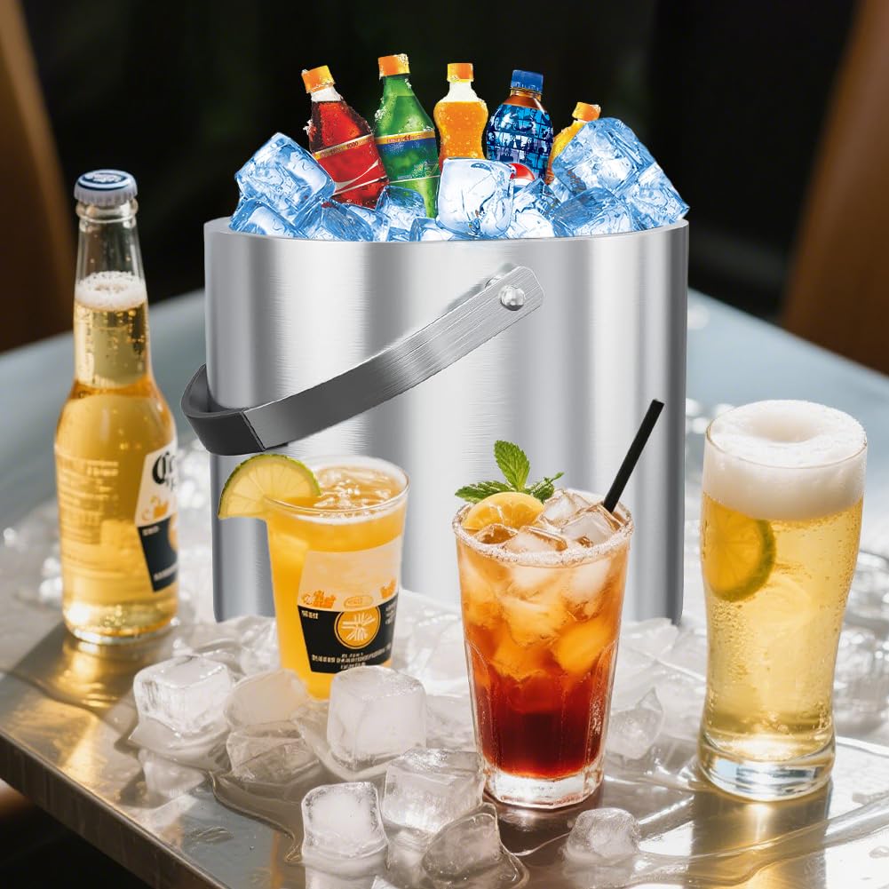 Cubitera de Acero Inoxidable con Tapa, Cubo de Hielo Aislado, Enfriador de Cerveza y Champán, Cubo de Hielo de 2,2 l, Incluye Colador y Pinzas para Hielo, Portátil y Fácil de Limpiar
