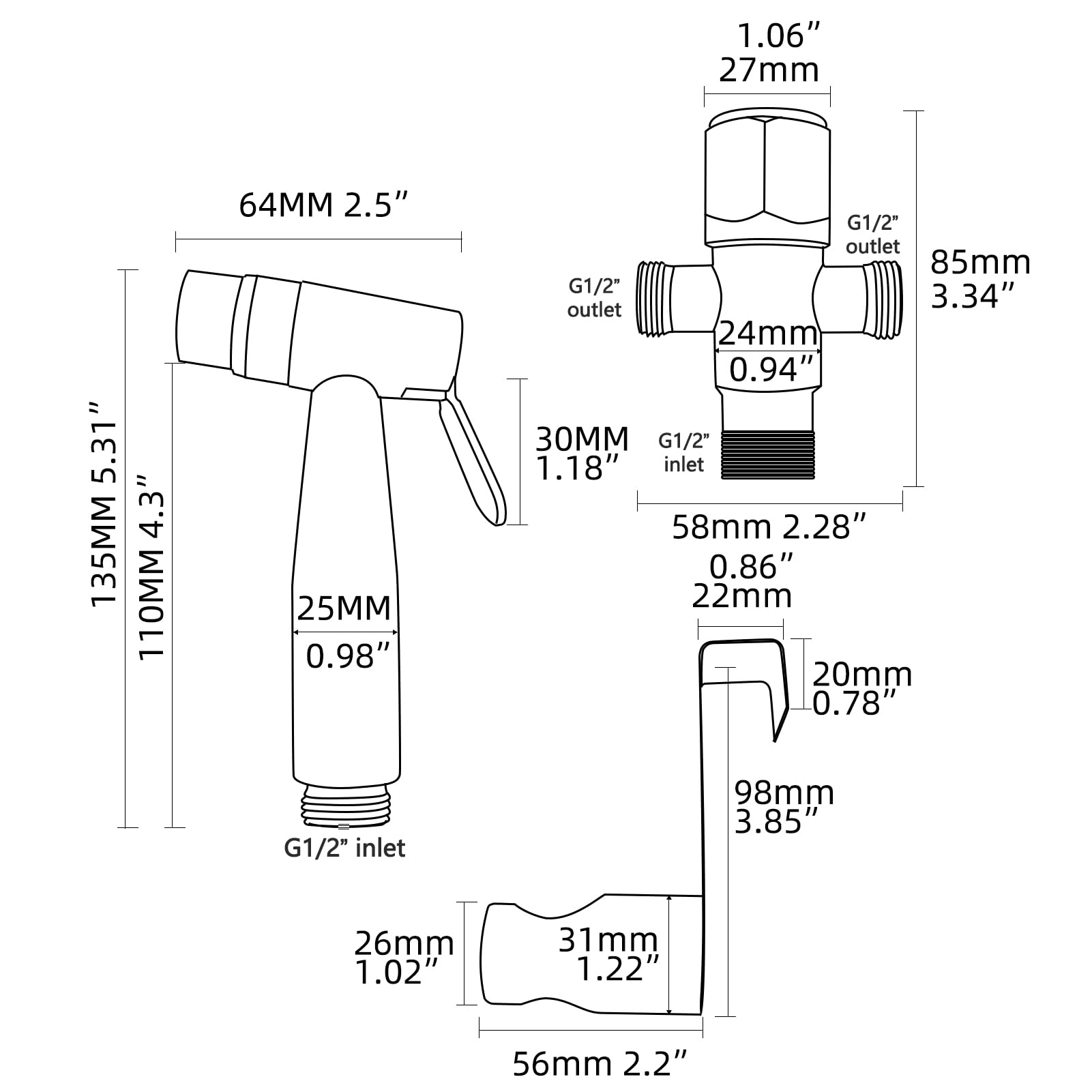 Bidet Portatile Spray per Igiene Intima Acciaio Bidet Palmare Kit Doccia Bhed el h Doccetta 2 Ugelli Design WS024AF2