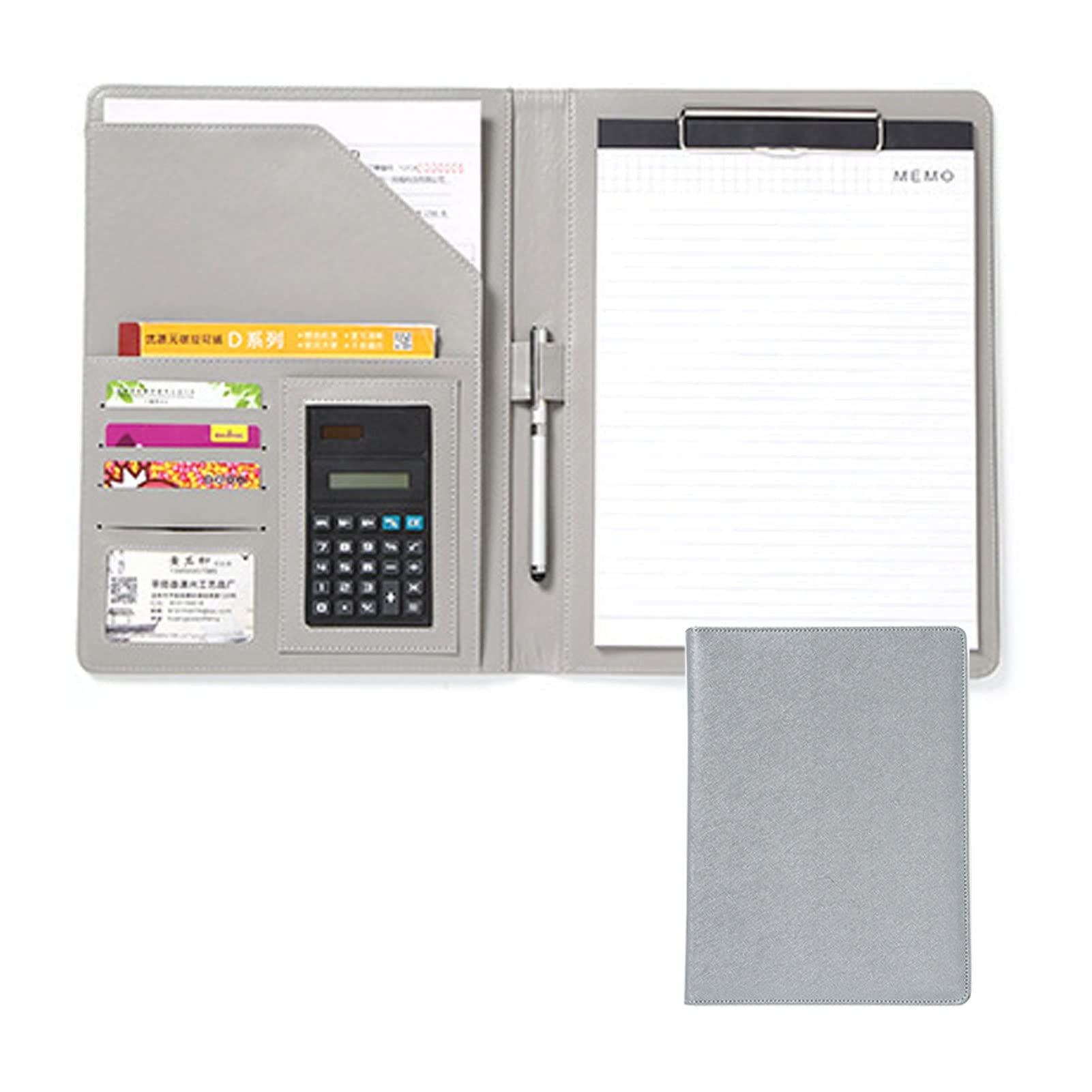 Padfolio A4 teczka konferencyjna ze skóry PU wznowienie segregator dokumentów składany z przegródkami na karty i kalkulatorem organizer do pracy biurowej dla mężczyzn kobiet (kolor: szary))