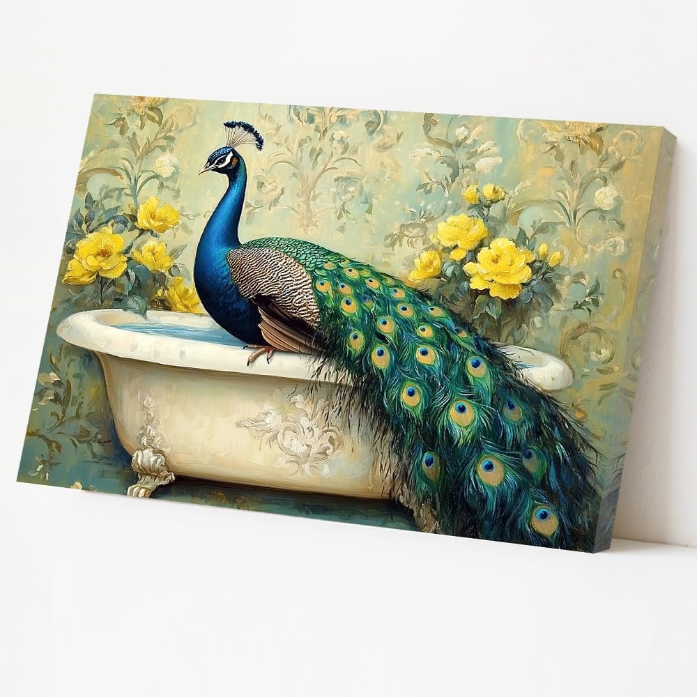 ZQQART Peacock Bathroom Canvas Wall Art Watercolor Blue Peacock in Bathtub Wall Decor Bathroom Pictures Animal Posters Paintings for Restroom Framed (yellow,12" W x 18" L)