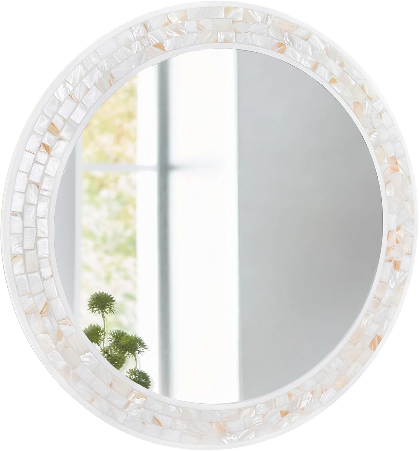 Mosaic Mirrors for Wall 24 Inch, Natural Mother of Pearl Inlay White Framed Round Mirror for Bathroom, Bedroom or Entryway