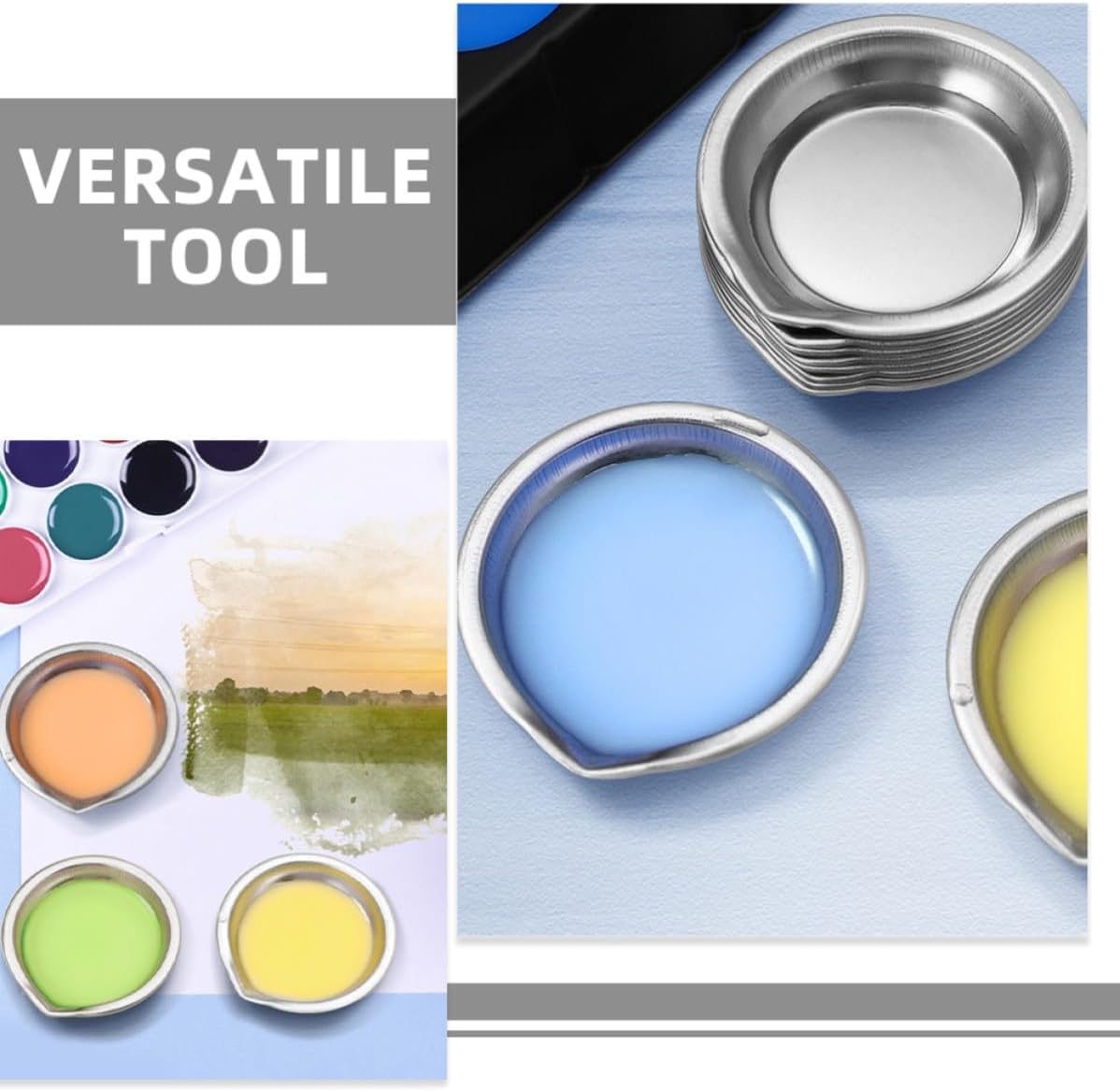 PRETYZOOM 10pcs Stainless Steel Mini Paint Mixing Palette Trays for Oil Painting and Watercolors, Small Round Paint Bowls with Spout for Artists, Portable Painting Palette Kit