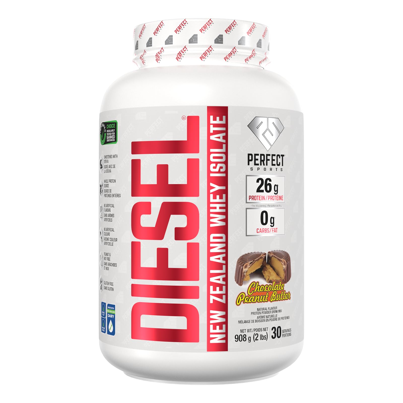 DIESEL New Zealand Whey Protéine Isolate Nourri à l'Herbe/Stevia Sucré/Aromatisé au Beurre d'Arachide au Chocolat 908 g