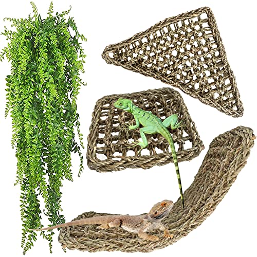 Image of Reptile Hammock,Large Lizard Lounger,Bearded Dragon Tank Accessories Natural Seagrass Hammocks Hanging Flexible Climbing Vines Decoration for Gecko Snakes Chameleon(4 PCS)