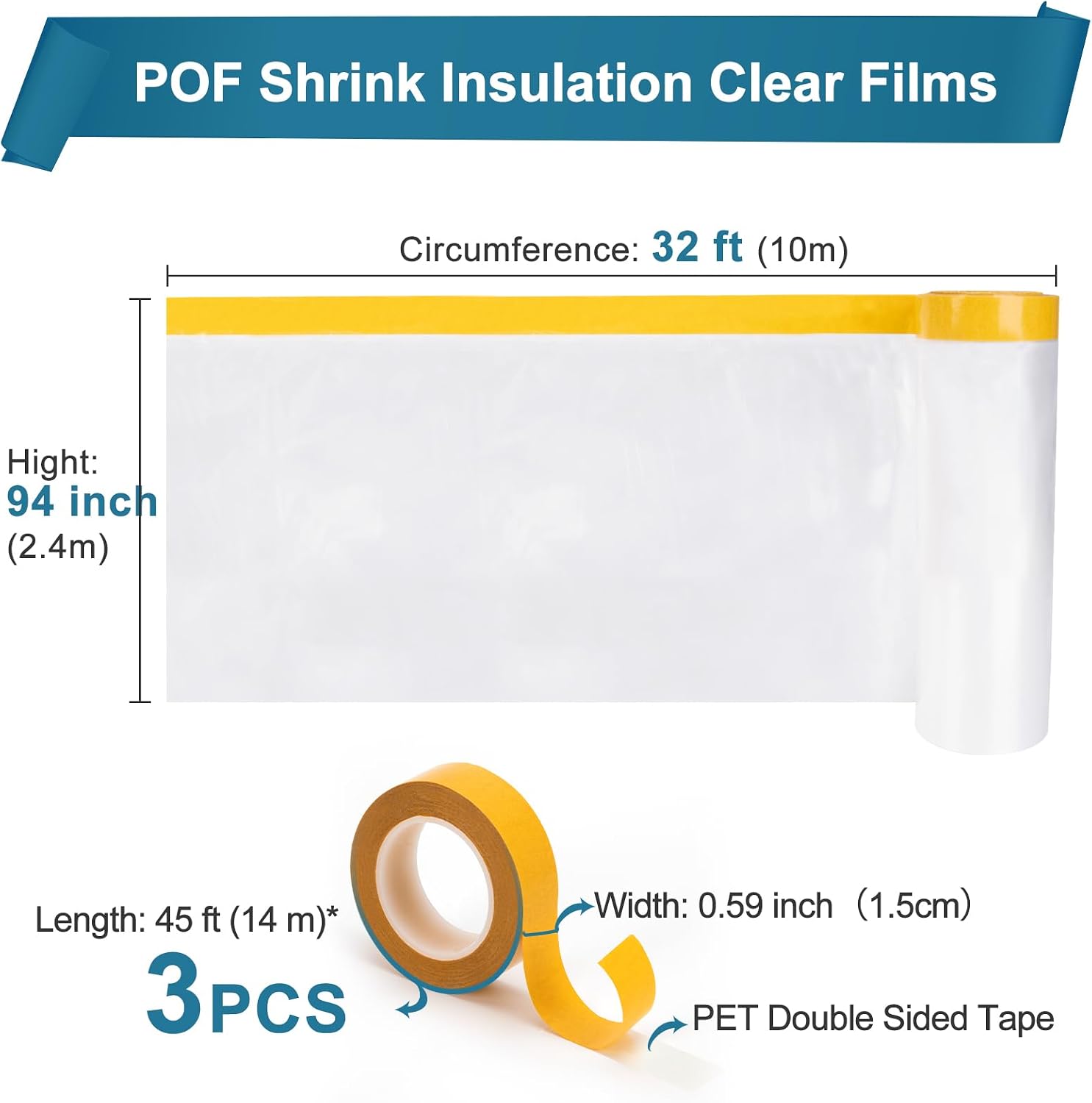 Augblinds Window Insulation Kit for Winter, Plastic Window Covering 94 Inch Wide × 393 Inch Length with Double-Sided Tape, Insulates Patio Doors & Large Windows Winterizing, 1 Roll Clear